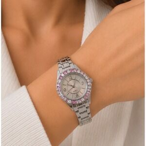 Vintage MZ Berger Watch Pink Crystal Bezel Mother of Pearl Dial Silver Tone Link